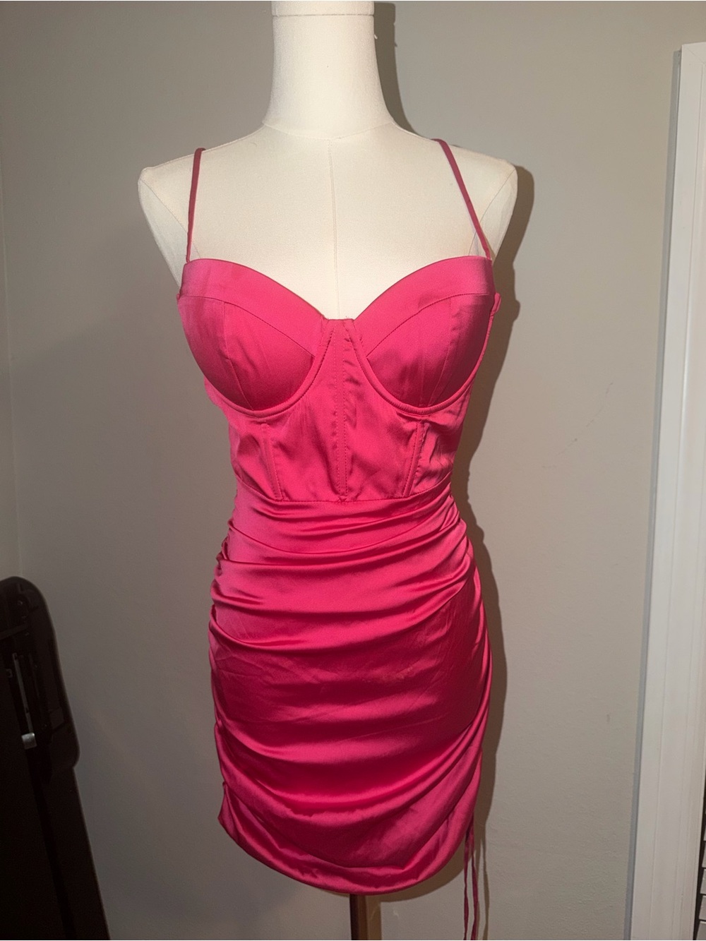Oh Polly Hot Pink Satin Ruched Bustier Mini Dress